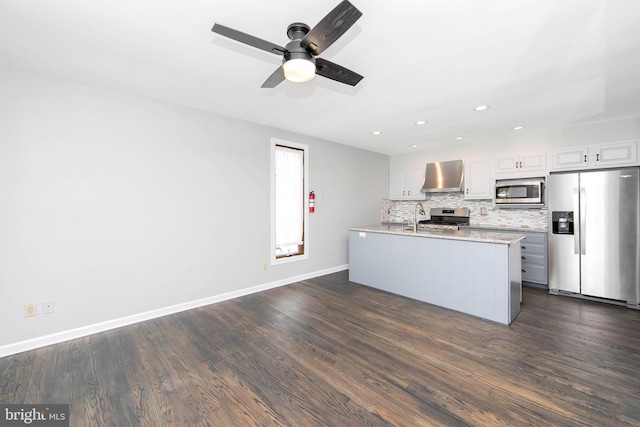 13 Briarcliff Rd, Marlton, NJ 08053 - kitchen featuring stainless steel appliances, wall chimney exhaust hood, ceiling fan, decorative backsplash, and baseboards