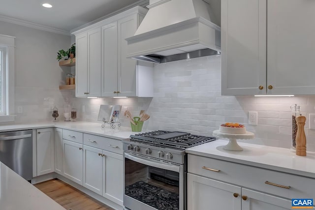 6119-2 Jarmans Gap Rd Lot 2Jarmans, Gap, Crozet, VA 22932 - kitchen with stainless steel appliances, premium range hood, light countertops, crown molding, and open shelves
