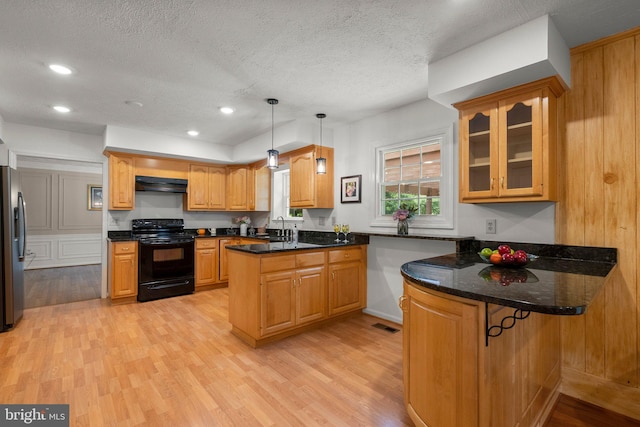 17220 Larosa Dr, Rockville, MD 20855 - kitchen with electric range, under cabinet range hood, a peninsula, a sink, and light wood-style flooring