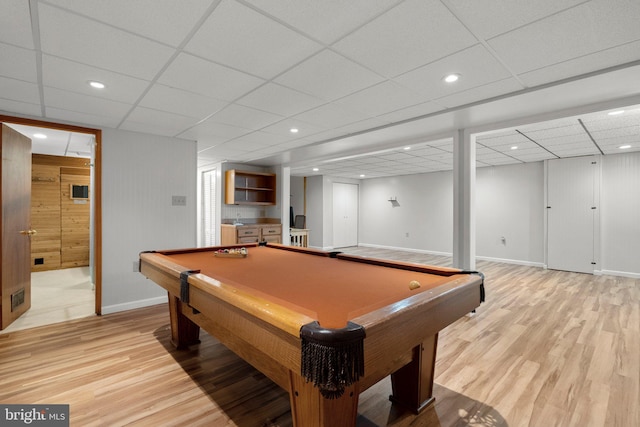 17220 Larosa Dr, Rockville, MD 20855 - rec room with light wood-style flooring, a drop ceiling, baseboards, recessed lighting, and pool table
