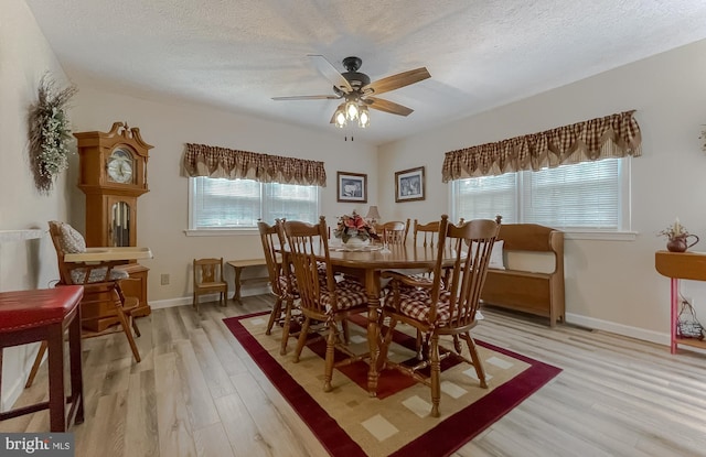 6165 Hawthorne Rd, La Plata, MD 20646 - dining room featuring light wood finished floors, a ceiling fan, a textured ceiling, and baseboards