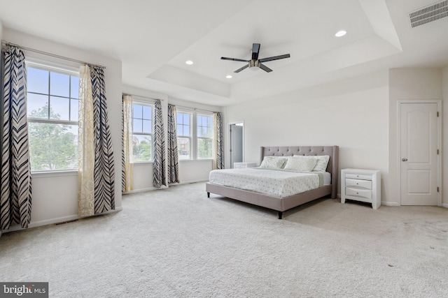 42533 Benfold Sq, Brambleton, VA 20148 - carpeted bedroom featuring a raised ceiling, baseboards, recessed lighting, and a ceiling fan