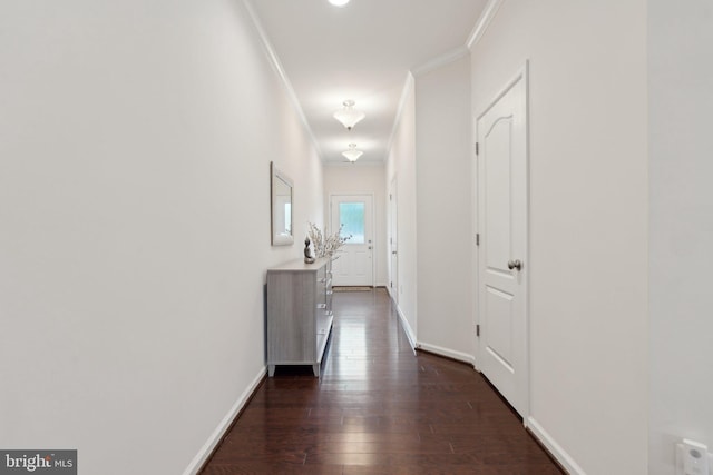 42533 Benfold Sq, Brambleton, VA 20148 - hallway with ornamental molding, dark wood-style flooring, and baseboards