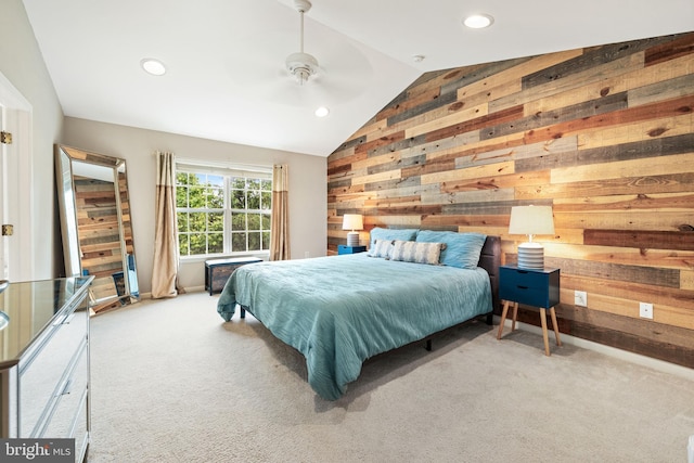 25 Kennedy Ct, Princeton, NJ 08540 - carpeted bedroom featuring wood walls, vaulted ceiling, recessed lighting, and a ceiling fan