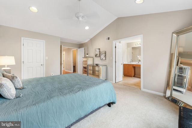25 Kennedy Ct, Princeton, NJ 08540 - bedroom featuring lofted ceiling, light carpet, baseboards, recessed lighting, and ensuite bath