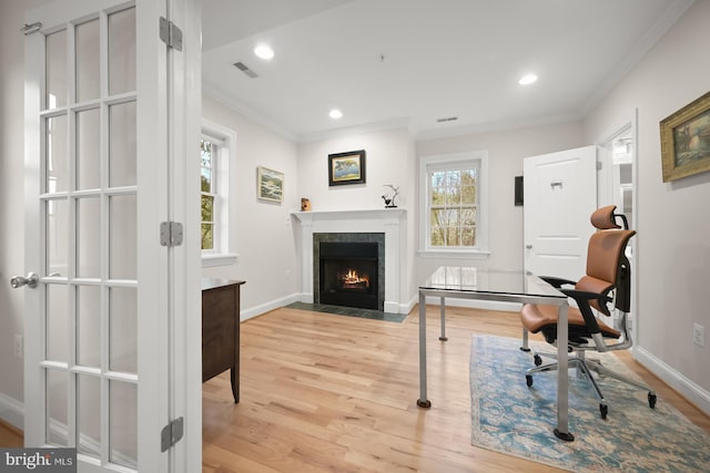4700 Upton St NW Unit 3, Washington, DC 20016 - office space with crown molding, light wood-style flooring, a fireplace with flush hearth, baseboards, and recessed lighting