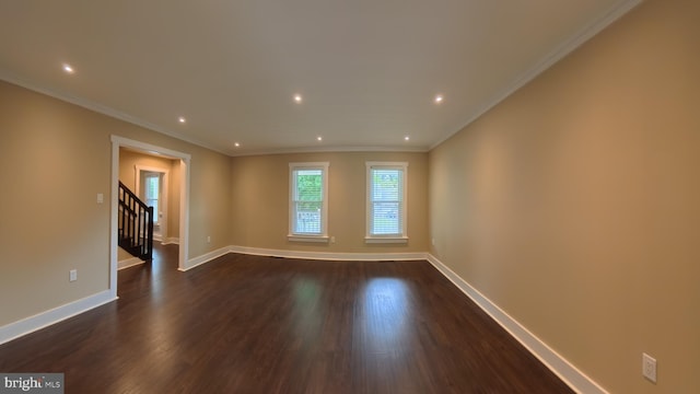 3204 Aquia Dr, Stafford, VA 22554 - empty room with baseboards, dark wood-style flooring, recessed lighting, crown molding, and stairway