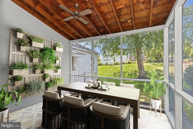 1229 7 Oaks Rd, Halethorpe, MD 21227 - sunroom featuring vaulted ceiling, a ceiling fan, outdoor dining area, and healthy amount of natural light