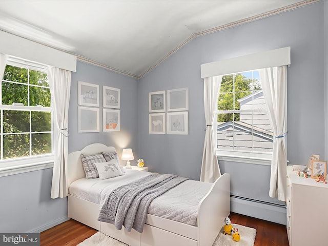 1229 7 Oaks Rd, Halethorpe, MD 21227 - bedroom with vaulted ceiling, a baseboard radiator, multiple windows, and dark wood-style floors