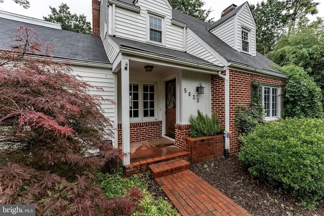 5632 Glenwood Dr, Alexandria, VA 22310 - property entrance with brick siding, a shingled roof, and a chimney