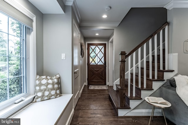 5632 Glenwood Dr, Alexandria, VA 22310 - foyer entrance with dark wood finished floors, stairs, ornamental molding, and recessed lighting