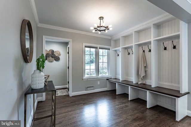 5632 Glenwood Dr, Alexandria, VA 22310 - mudroom featuring a chandelier, ornamental molding, and dark wood-type flooring
