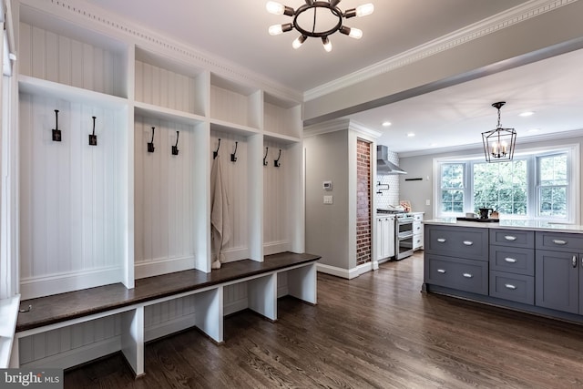 5632 Glenwood Dr, Alexandria, VA 22310 - mudroom with a chandelier, ornamental molding, dark wood-type flooring, and recessed lighting