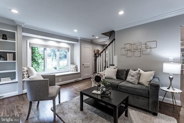 5632 Glenwood Dr, Alexandria, VA 22310 - living room featuring crown molding, stairway, recessed lighting, and wood finished floors