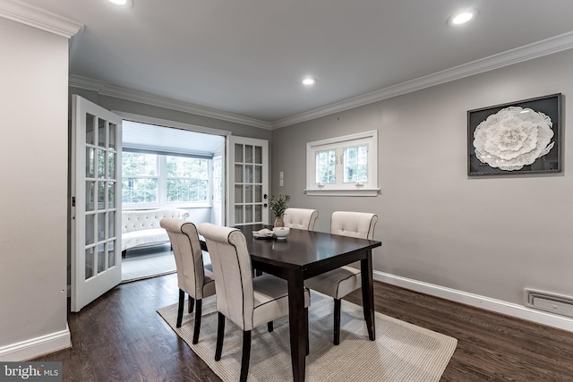 5632 Glenwood Dr, Alexandria, VA 22310 - dining room with dark wood finished floors, ornamental molding, recessed lighting, and french doors