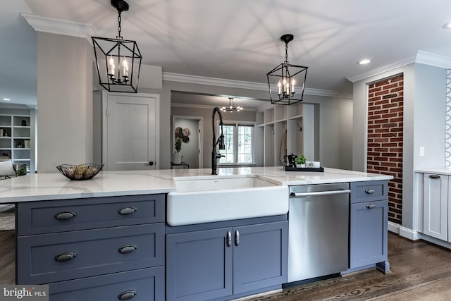 5632 Glenwood Dr, Alexandria, VA 22310 - kitchen featuring stainless steel dishwasher, a chandelier, ornamental molding, dark wood-style flooring, and light stone countertops