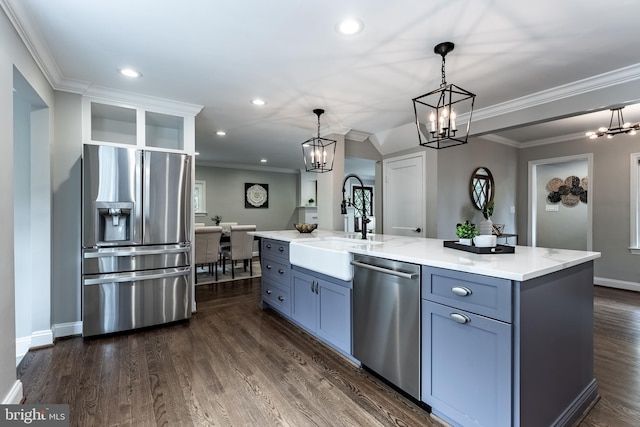 5632 Glenwood Dr, Alexandria, VA 22310 - kitchen featuring stainless steel appliances, a chandelier, decorative light fixtures, dark wood finished floors, and recessed lighting