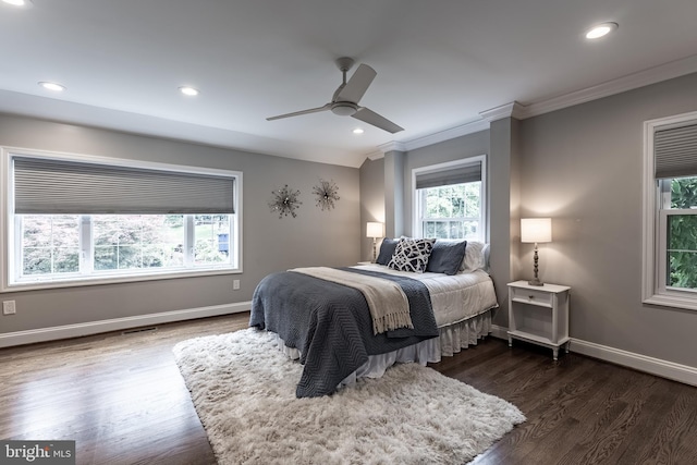 5632 Glenwood Dr, Alexandria, VA 22310 - bedroom featuring crown molding, dark wood finished floors, recessed lighting, and ceiling fan
