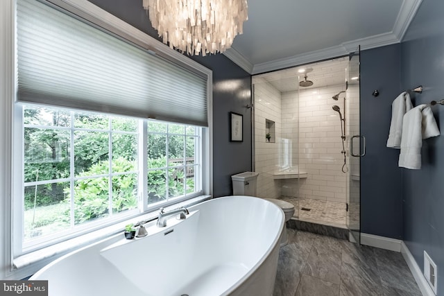 5632 Glenwood Dr, Alexandria, VA 22310 - full bath featuring ornamental molding, a stall shower, a soaking tub, a chandelier, and marble finish flooring