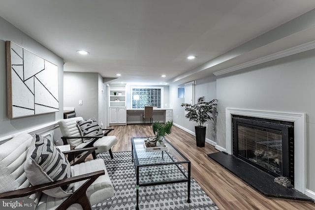 5632 Glenwood Dr, Alexandria, VA 22310 - living room with light wood-style flooring, a premium fireplace, and recessed lighting