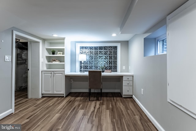 5632 Glenwood Dr, Alexandria, VA 22310 - office featuring dark wood-style flooring, built in desk, recessed lighting, and built in shelves