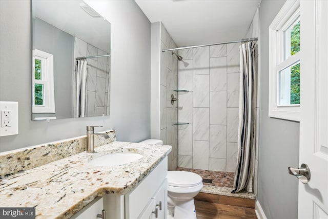 5311 Cove View Dr, Saint Leonard, MD 20685 - bathroom with vanity, toilet, wood finished floors, and a tile shower