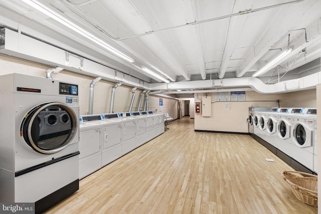 1435 4th St SW Unit B513, Washington, DC 20024 - community laundry featuring washing machine and dryer, light wood finished floors, and electric panel