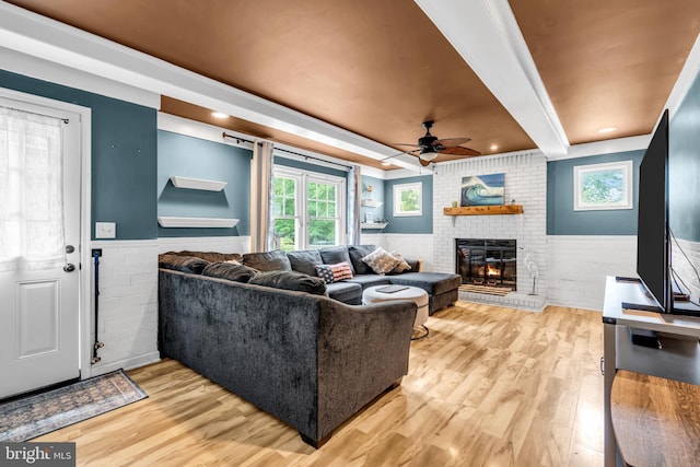 20 Elkshead Ter, Hamilton, NJ 08620 - living area featuring ceiling fan, wainscoting, a fireplace, healthy amount of natural light, and light wood-style floors