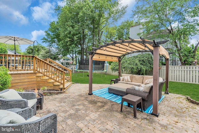 20 Elkshead Ter, Hamilton, NJ 08620 - view of patio / terrace featuring a trampoline, outdoor lounge area, a wooden deck, a pergola, and stairs