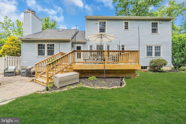 20 Elkshead Ter, Hamilton, NJ 08620 - back of property featuring a patio area, a wooden deck, a chimney, and a shingled roof