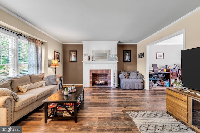 20 Elkshead Ter, Hamilton, NJ 08620 - living room with a fireplace, crown molding, an office area, and wood finished floors
