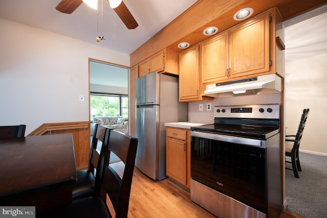 38 Gill Dr, Newark, DE 19713 - kitchen featuring stainless steel appliances, under cabinet range hood, ceiling fan, light countertops, and light wood-type flooring