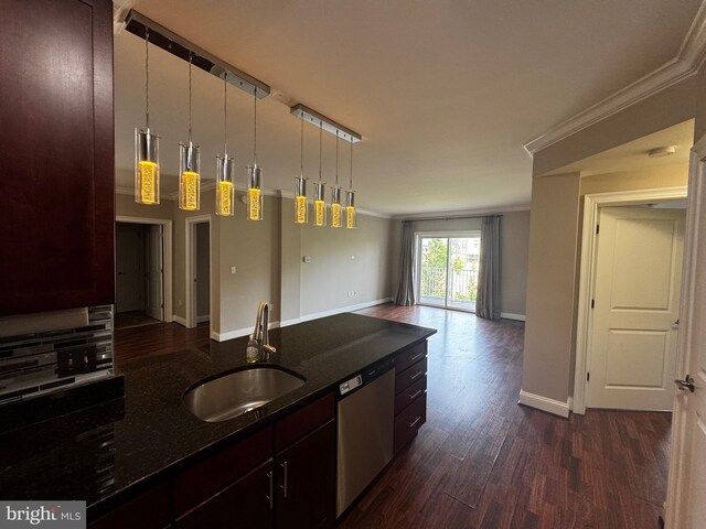 6301 Edsall Rd Unit 224, Alexandria, VA 22312 - kitchen with stainless steel dishwasher, dark wood-style floors, dark stone counters, open floor plan, and crown molding