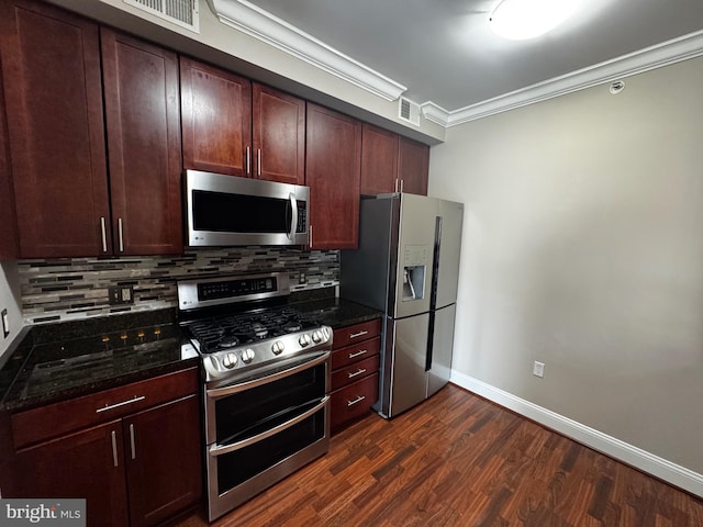 6301 Edsall Rd Unit 224, Alexandria, VA 22312 - kitchen featuring appliances with stainless steel finishes, crown molding, decorative backsplash, dark wood-type flooring, and dark stone counters