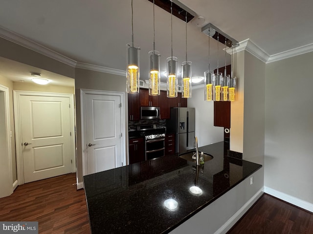 6301 Edsall Rd Unit 224, Alexandria, VA 22312 - kitchen with stainless steel appliances, ornamental molding, a peninsula, dark wood finished floors, and dark stone countertops