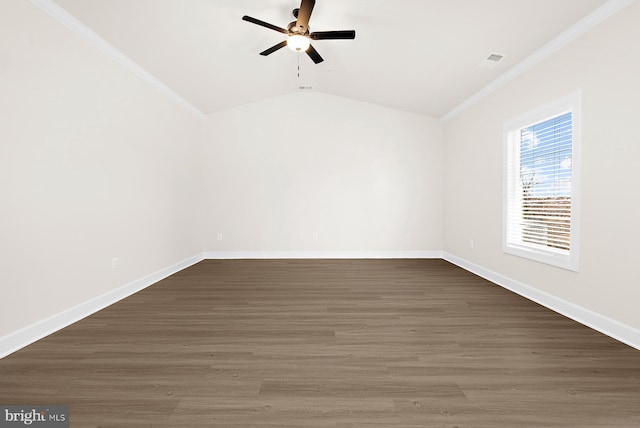 5205 Mccormick Ave, Baltimore, MD 21206 - empty room featuring ceiling fan, vaulted ceiling, crown molding, baseboards, and wood finished floors