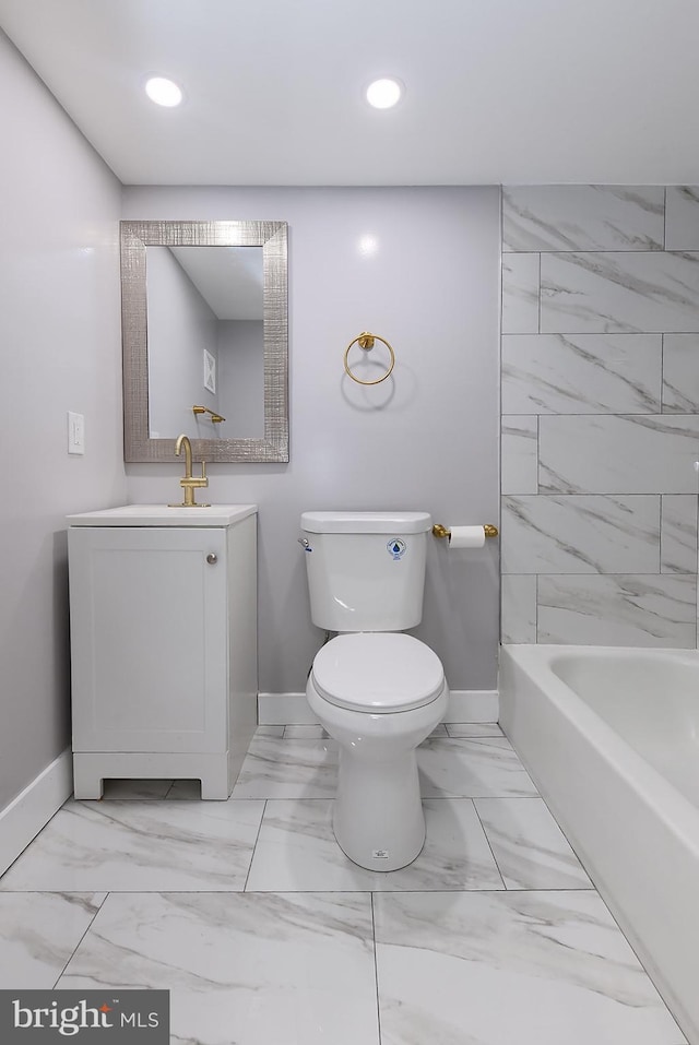 538 N Lakewood Ave, Baltimore, MD 21205 - full bath with marble finish floors, baseboards, vanity, toilet, and recessed lighting