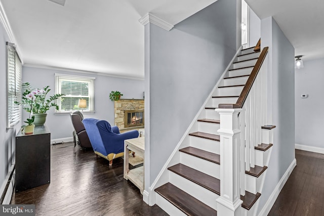 73 Swallow, Southampton, PA 18966 - staircase with baseboards, crown molding, wood finished floors, and a stone fireplace
