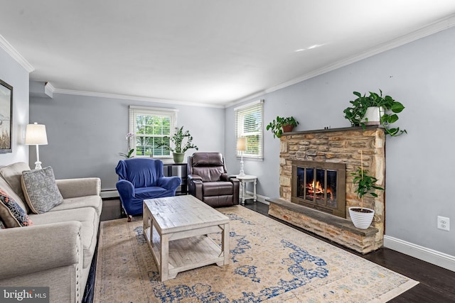 73 Swallow, Southampton, PA 18966 - living room featuring ornamental molding, a baseboard radiator, wood finished floors, baseboards, and a fireplace