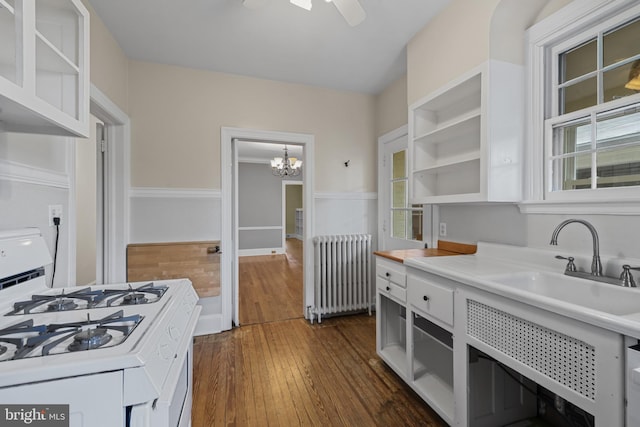 4036 Roland Ave, Baltimore, MD 21211 - kitchen featuring radiator, gas range gas stove, open shelves, white cabinets, and a sink