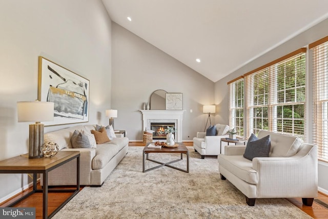 43229 Augustine Pl, Ashburn, VA 20147 - living area with wood finished floors, baseboards, high vaulted ceiling, a fireplace, and recessed lighting