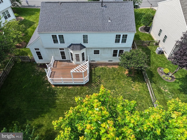 43175 Burstall Ct, Leesburg, VA 20176 - rear view of property featuring central AC unit, roof with shingles, and a wooden deck