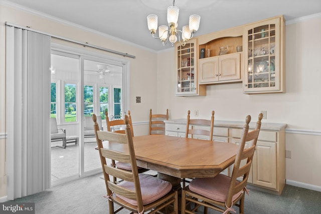 10004 Farrar Ct, Cheltenham, MD 20623 - dining space featuring carpet floors, baseboards, a chandelier, ornamental molding, and a ceiling fan