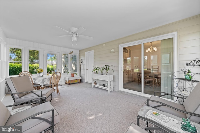 10004 Farrar Ct, Cheltenham, MD 20623 - sunroom with ceiling fan, a chandelier, and wooden walls