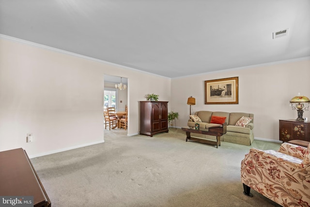 10004 Farrar Ct, Cheltenham, MD 20623 - living area featuring ornamental molding, light carpet, baseboards, and a chandelier