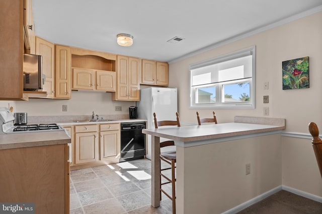 10004 Farrar Ct, Cheltenham, MD 20623 - kitchen with black dishwasher, light brown cabinets, a sink, white range with gas cooktop, and ornamental molding
