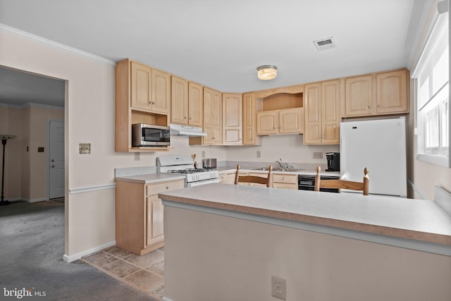 10004 Farrar Ct, Cheltenham, MD 20623 - kitchen featuring white appliances, under cabinet range hood, light brown cabinets, light countertops, and a sink