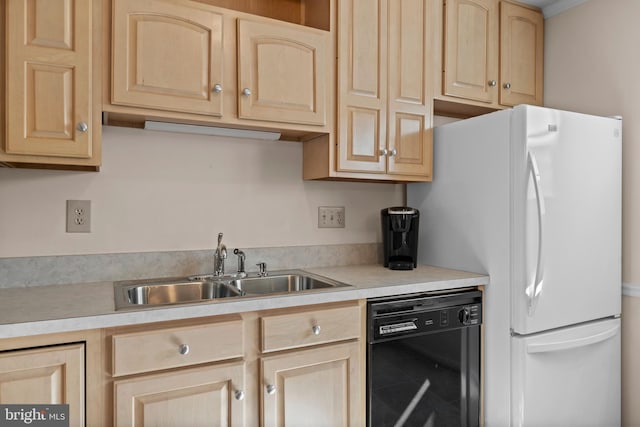 10004 Farrar Ct, Cheltenham, MD 20623 - kitchen featuring black dishwasher, light brown cabinets, freestanding refrigerator, a sink, and light countertops
