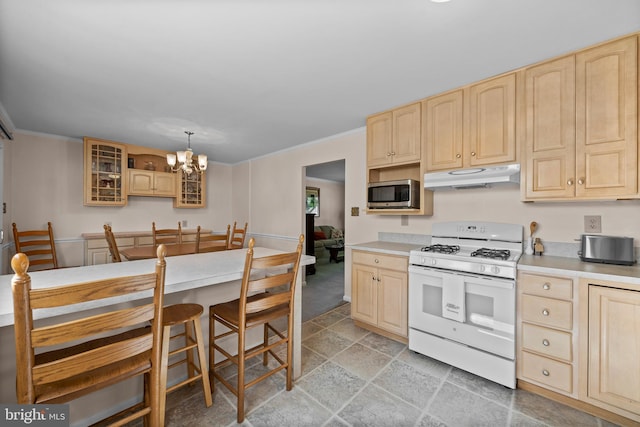 10004 Farrar Ct, Cheltenham, MD 20623 - kitchen with white range with gas cooktop, light brown cabinets, stainless steel microwave, under cabinet range hood, and glass insert cabinets