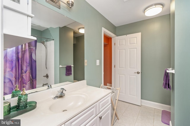 8 Lochwell Ct, Baltimore, MD 21234 - bathroom featuring vanity, tile patterned flooring, baseboards, and shower / tub combo with curtain